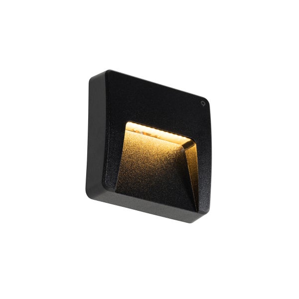 Quadratische LED-Außenwandleuchte in Schwarz mit warmweißem Lichtaustritt nach unten.