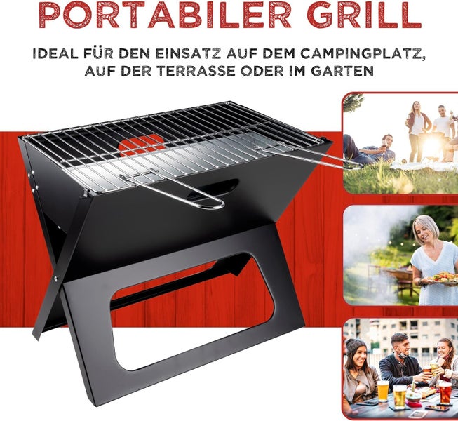 RESCH 502601 mobiler Holzkohle Grill klappbar Schwarz, Edelstahl Tischgrill tragbar, Holzkohlegrill ideal für unterwegs, 46x28x36 cm