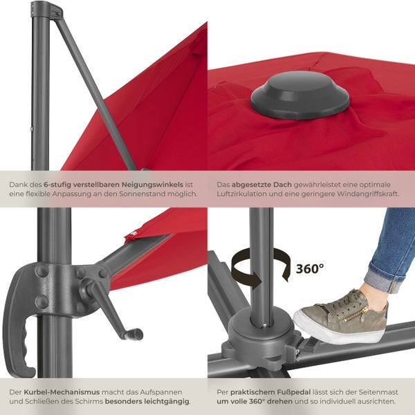 Detailansicht eines Sonnenschirms mit sechsstufig verstellbarem Neigungswinkel, abgesetztem Dach zur Luftzirkulation, Kurbelmechanismus und drehbarem Seitenmast per Fußpedal