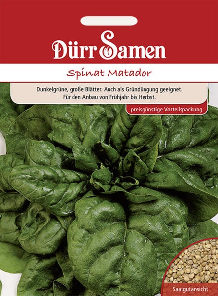 Dürr Samen Logo auf einer Samentüte für Spinat Matador mit einer Abbildung einer Spinatpflanze und einer Detailansicht der Samen.