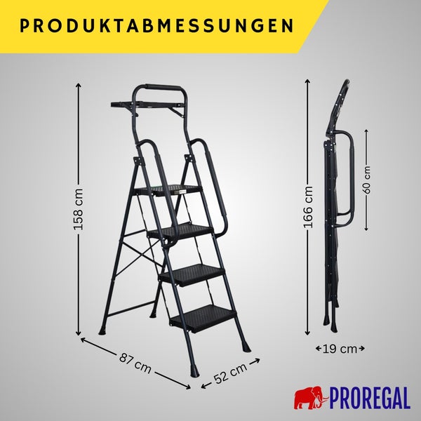 Abmessungen 4-Stufen-Leiter. Aufgestellt: Höhe 158, Tiefe 87, Breite 52. Zusammengeklappt: Höhe 166, Tiefe 19 Zentimeter. Proregal Logo.