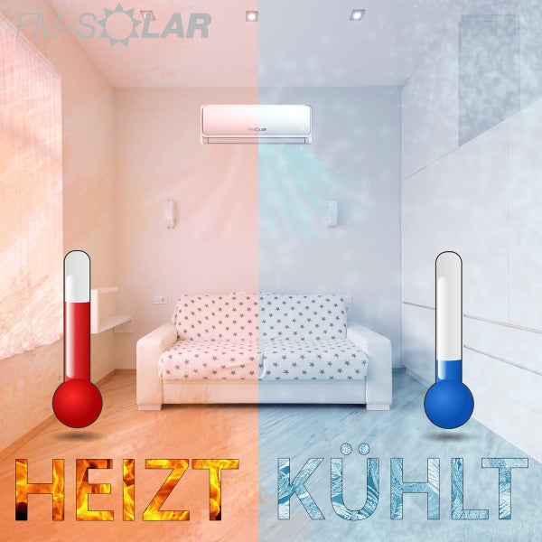 FM-SOLAR Klimaanlage in einem Wohnzimmer mit Darstellung der Heiz- und Kühlfunktion sowie Thermometer-Symbolen.