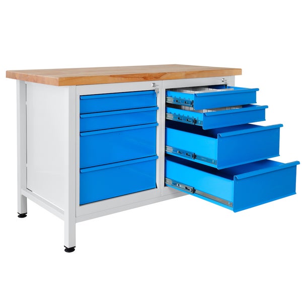 PROREGAL Werkbank Rhino mit 8 Schubladen HxBxT 84 x 120 x 60 cm Traglast 300 kg Lichtgrau Blau