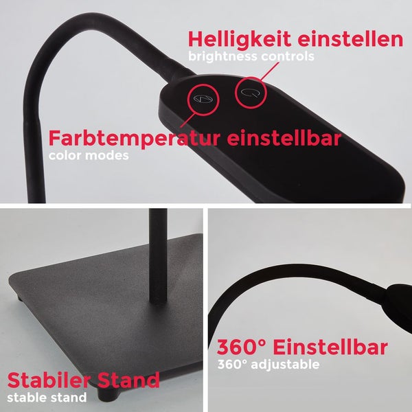 Stehlampe - 6,5W, 600lm, LED, dimmbar, schwenkbar, touch, CCT, Schwarz