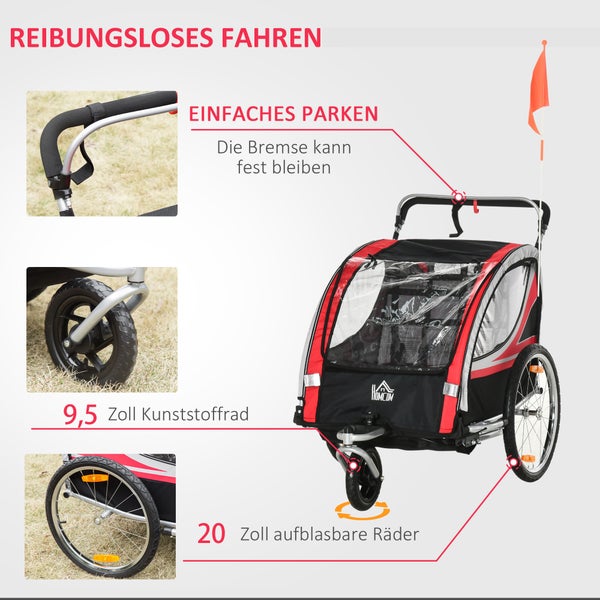 HOMCOM 2 in 1 Kinderanhänger klappbar Fahrradanhänger mit abnehmbarem Vorderrad, Hinterradbremsen, Kinderfahrradanhänger für 2 Kinder ab 18 Monate, bis 26,4 kg belastbar, Rot