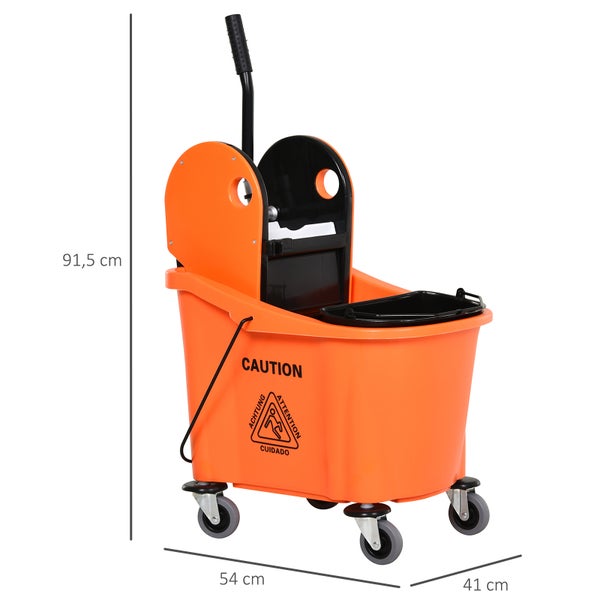 HOMCOM Reinigungswagen 36 Liter Fahreimer Putzeimer Wischwagen mit Auswringvorrichtung, Orange, 54 x 41 x 91,5 cm