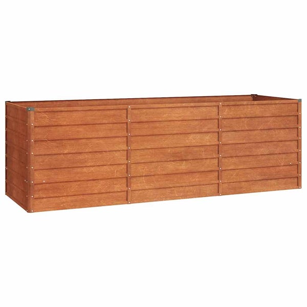 Großes, rechteckiges Hochbeet aus braunem Holz mit horizontalen Lamellen.