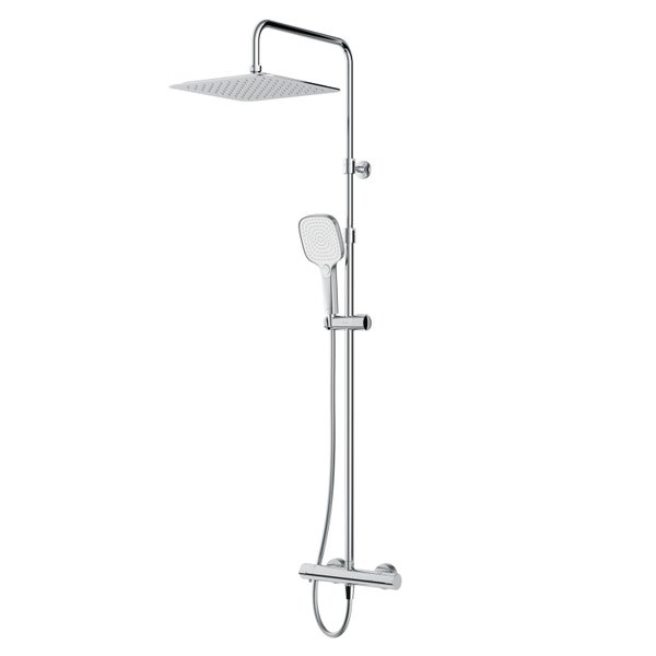 Duschsystem mit quadratischer Kopfbrause, Handbrause und Thermostatarmatur aus Metall in moderner Optik für die Wandmontage.