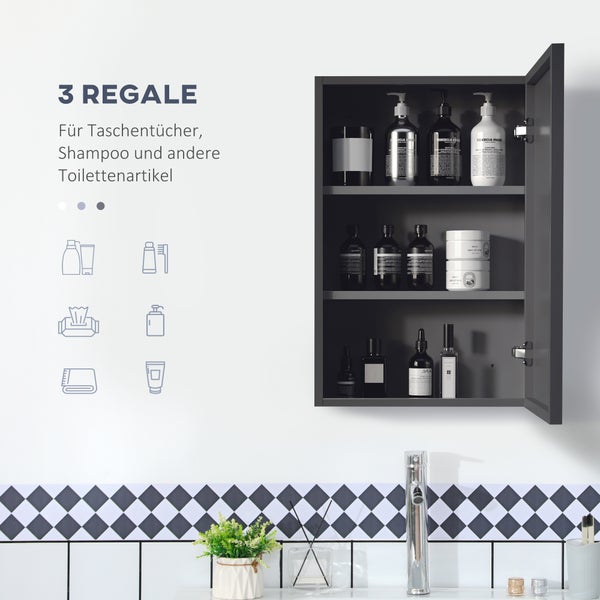 kleankin, Spiegelschrank, Badezimmerschrank, 40L x 15B x 60H cm, Rostfreier Stahl, Schwarz