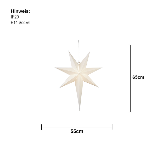 Papierstern mit E14 Fassung, IP20 Schutzart und den Maßen 55 x 65 cm.