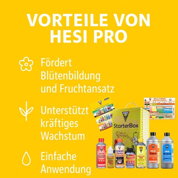Hesi Pro Vorteile: Fördert Blütenbildung und Fruchtansatz, unterstützt kräftiges Wachstum, einfache Anwendung. Mit StarterBox und Düngerflaschen.
