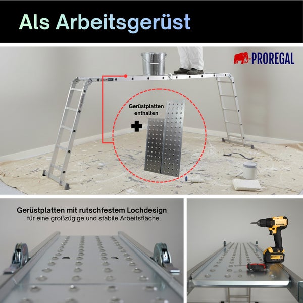 ProRegal Logo. Mehrzweckleiter als Arbeitsgerüst mit rutschfesten Gerüstplatten, Nahaufnahme der Lochstruktur und Werkzeug auf der Plattform.