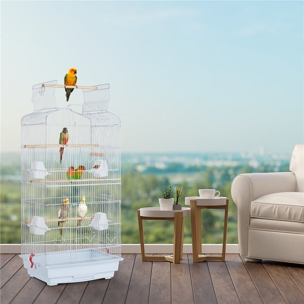 Weißer Vogelkäfig mit mehreren Vögeln im Innenraum