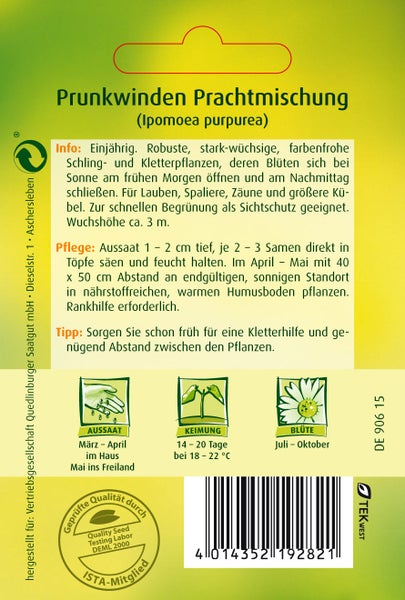 Rückseite der Samentüte für Prunkwinden Prachtmischung mit Anbauinformationen zu Aussaat, Keimung und Blüte.