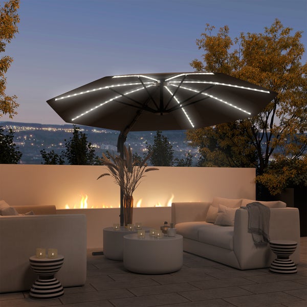Outsunny Alu Ampelschirm LED Solar Ø300cm höhenverstellbar Sonnenschirm mit Kurbel Ständer UV50+ Wasserabweisend 360° drehbar Marktschirm neigbar Gartenschirm Sonnenschutz für Garten Balkon Dunkelgrau