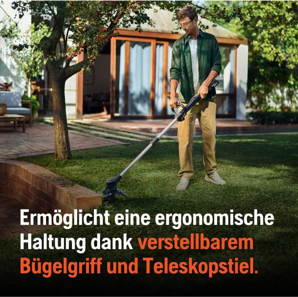 Mann verwendet Rasentrimmer im Garten zur Rasenpflege.