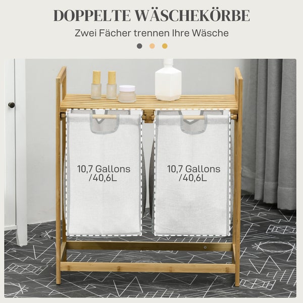 HOMCOM Bambus Wäschekorb 2 Fächer 81,2 L Wäschesammler mit 2 abnehmbaren Wäschesacke, Griff, Plattform, Laundry Baskets Wäschebox, für Waschküche Schlafzimmer Badezimmer Natur