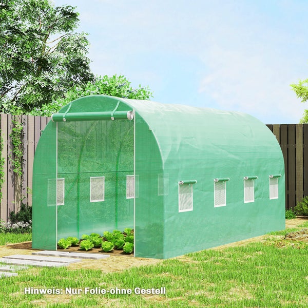 Grüne Ersatzfolie für Folientunnel mit Fenstern und aufrollbarer Tür im Garten. Hinweis: Nur Folie ohne Gestell.