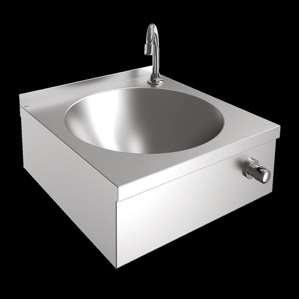 KWC Edelstahl Wandwaschbecken mit integriertem Wasserhahn und Druckknopf Armatur zur Wandmontage