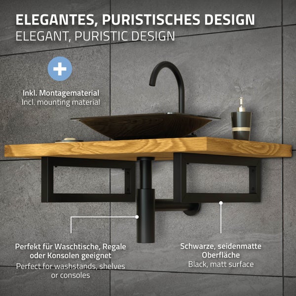 ML-Design 2er Set Wandkonsole für Waschtisch, 300x150 mm, Schwarz, Stahl, Design Waschtischhalterung, Wandhalterung Unterbau für Waschtischplatte, Konsolenträger Regalträger Regalhalter Handtuchhalter