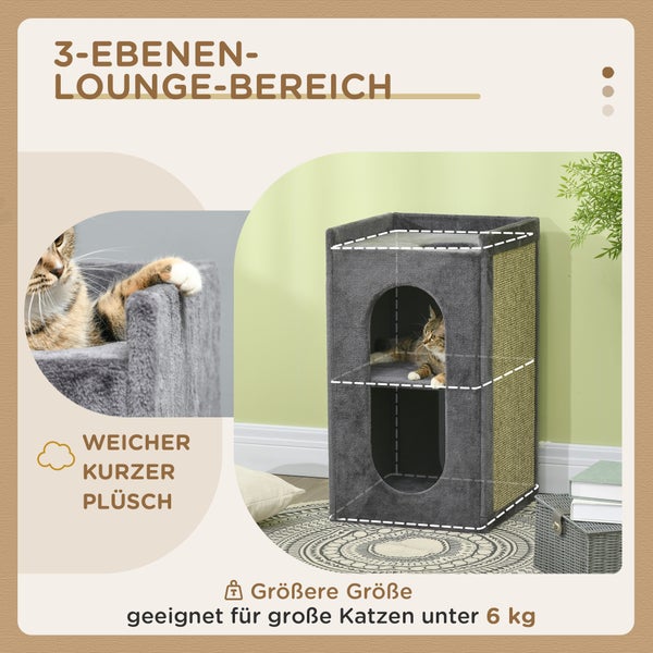 PawHut Kratztonne, Höhe 81 cm, Katzenkratzbaum mit 2 Höhlen, Kratzturm mit Kratzbrett, Katzenturm mit 2 Ebenen, Katzentonne für Katzen bis 6 kg, Dunkelgrau