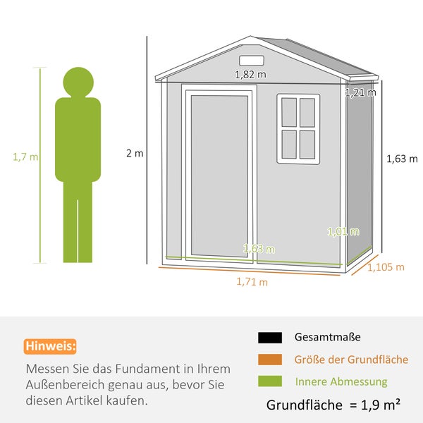 Graues Kunststoff-Gerätehaus mit Belüftung zur Vermeidung von Gerüchen und einem Fenster für natürliches Licht.