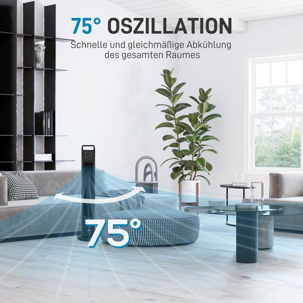 HOMCOM Turmventilator, Standventilator mit 3 Modi, Fernbedienung, 50W Ventilator mit 4H Timer, 75° Oszillation, für Schlafzimmer, Schwarz