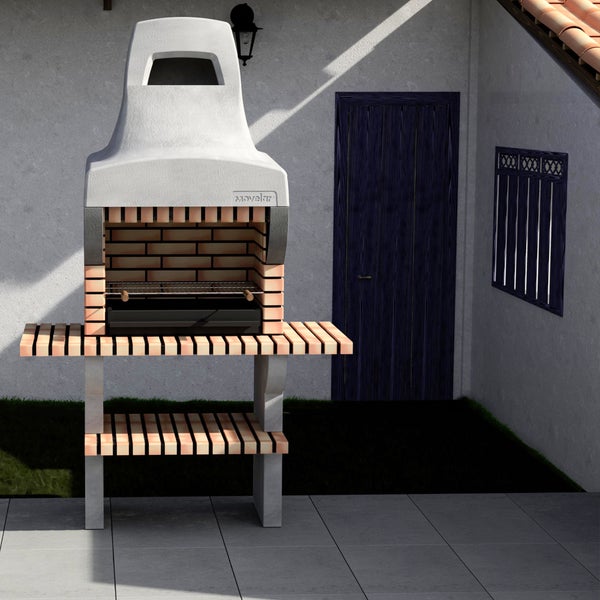 Movelar Gartengrillkamin aus Ziegeln mit Arbeitsflächen und Ablage auf einer Terrasse vor einer Hauswand.