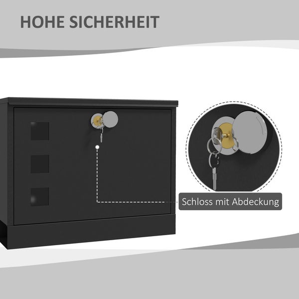 Schwarzer Briefkasten mit einem Schloss inklusive Abdeckung für hohe Sicherheit.