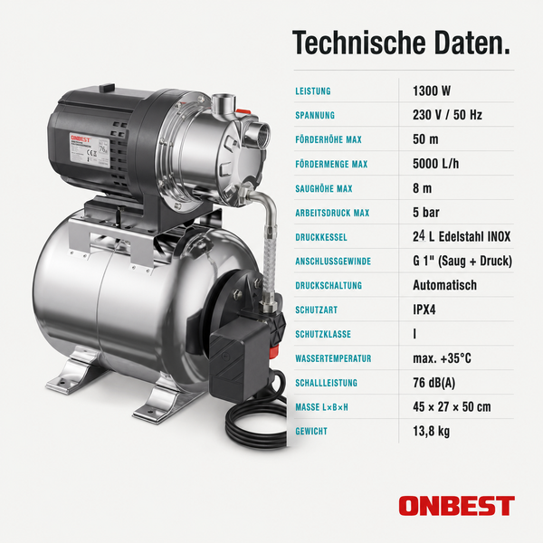 Hauswasserwerk aus Edelstahl von ONBEST mit 1300 Watt Leistung, 24 Liter Druckkessel, Tabelle mit technischen Daten und ONBEST Logo.