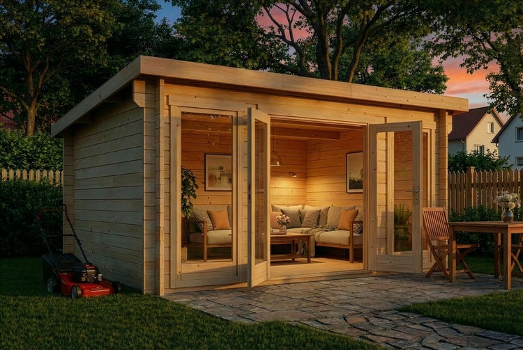 Modernes Gartenhaus aus Holz mit Flachdach, großen Glas-Doppeltüren und bodentiefen Fenstern, eingerichtet mit Sofa und Beleuchtung.