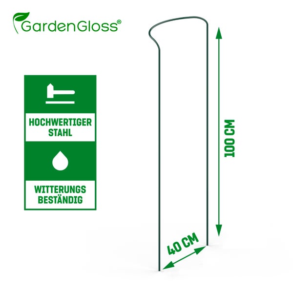 GardenGloss® Strauchstützen aus beschichtetem Stahl (10 Stück) - Staudenhalter halbrund 100cm x 40cm - Blumenstütze für Hortensien und Rosen - Pflanzenstütze aus Stahl