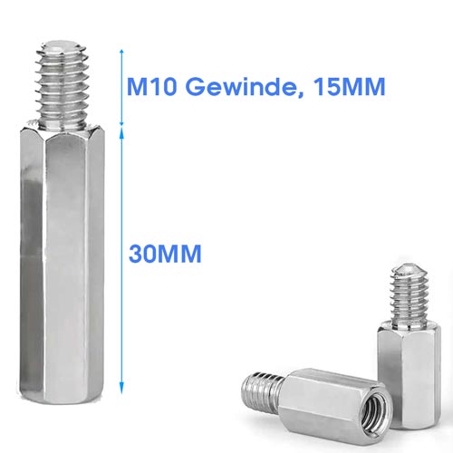 Sechskant-Abstandsbolzen aus Metall mit M10 Gewinde, 30 Millimeter Körperlänge und 15 Millimeter Gewindelänge.