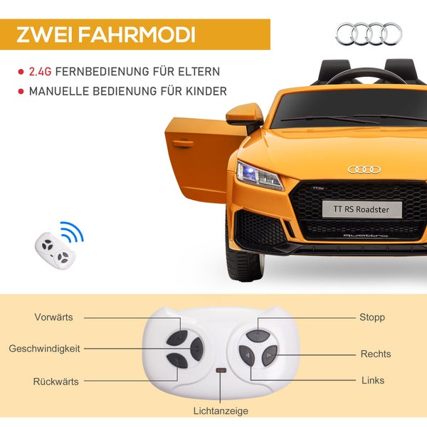 HOMCOM Kinder Elektroauto, 12V, mit 2,4 G Fernbedienung, Audi, mit Scheinwerfer, MP3-Anschluss, bis 3 km/h, für Kinder 3-5 Jahre, 102L x 60B x 44H cm, Kunststoff, Eisen, Gelb
