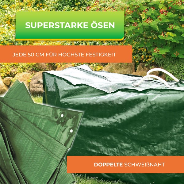 Grüne Gewebeplane im Garten mit Hervorhebung der verstärkten Ösen alle 50 Zentimeter und der doppelten Schweißnaht.