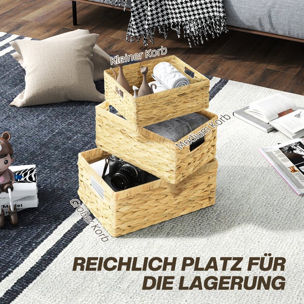 HOMCOM 3er-Set Aufbewahrungskorb, geflochtener Körbe aus Wasserhyazinthe, zum Aufbewahrung und Organisieren, für Wohnzimmer, Küche, Schlafzimmer, Naturholz