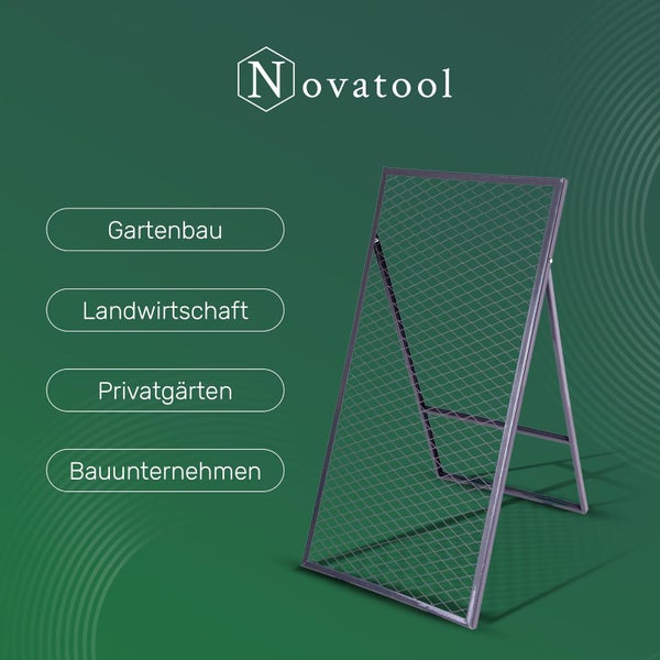 Novatool Logo. Freistehendes Durchwurfsieb aus Metall mit A-Rahmen für Gartenbau, Landwirtschaft, Privatgärten und Bauunternehmen.