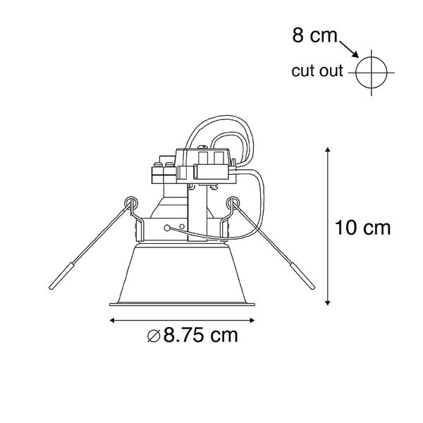 Technische Zeichnung eines Einbaustrahlers mit Maßen: Höhe 10 Zentimeter, Durchmesser 8,75 Zentimeter und Lochausschnitt 8 Zentimeter.