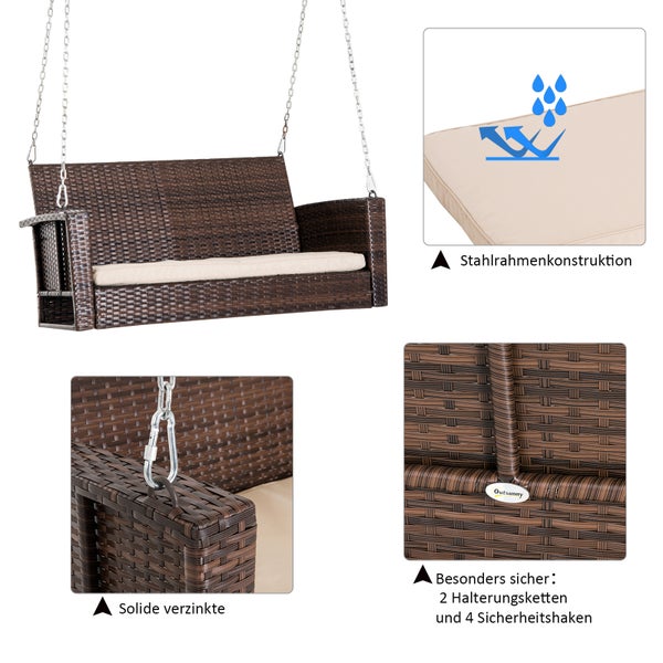 Outsunny Hollywoodschaukel, 2-Sitzer Rattan Gartenschaukel, mit Sitzkissen, 127 x 65 x 60 cm, PE Rattan, Metall, Polyester, Braun