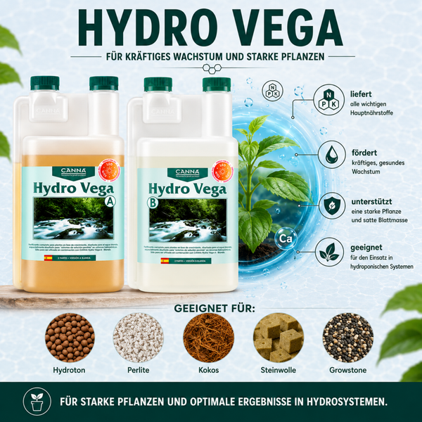 Zwei Flaschen CANNA Hydro Vega A und B Pflanzendünger für Hydrokulturen mit Erklärungen zu Anwendung und geeigneten Substraten.