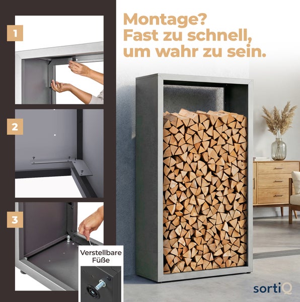 Aufbauanleitung für ein Kaminholzregal mit verstellbaren Füßen.