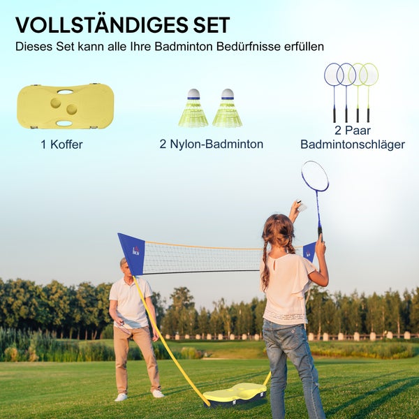 Komplettes Badminton-Set bestehend aus vier Schlägern, zwei Nylon-Federbällen und einem gelben Transportkoffer, der als Netzhalterung dient.