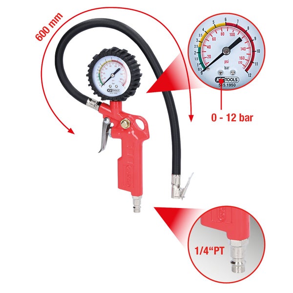 Reifenfüller mit Manometer, Schlauchlänge 600 mm, Messbereich 0 bis 12 bar