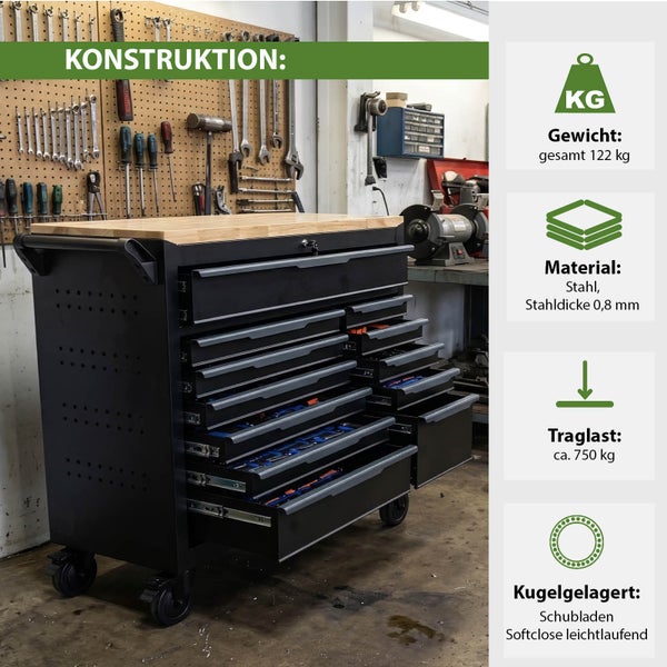 Schwarzer Werkstattwagen aus Stahl mit Holzplatte, Gewicht 122 Kilogramm, Traglast circa 750 Kilogramm, kugelgelagerte Schubladen mit Softclose.