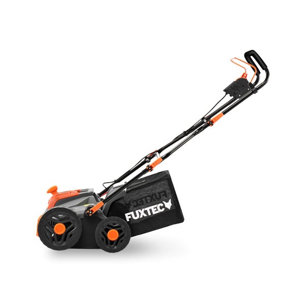 Fuxtec Rasenmäher in Schwarz und Orange mit Grasfangsack und verstellbarem Holm.