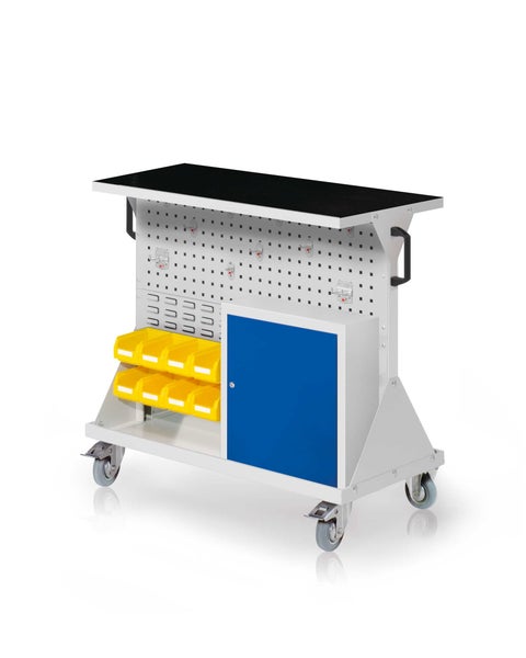 Werkbankwagen mit Lochwand, Schrank und Sichtlagerkästen