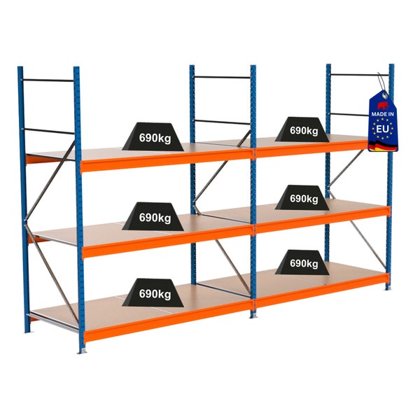 Lagerregal mit drei Ebenen und einer Traglast von 690 Kilogramm pro Ebene. Hergestellt in der Europäischen Union.