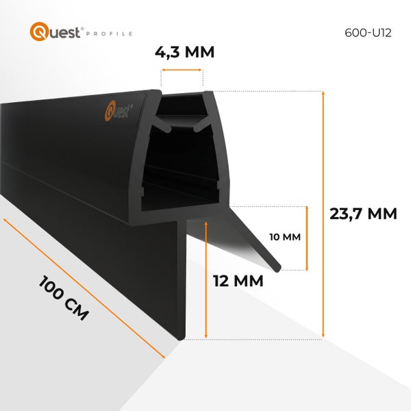 Quest Profile Logo. Technisches Diagramm eines schwarzen Gummiprofils mit Maßen: Länge 100 Zentimeter, Gesamthöhe 23,7 Millimeter.