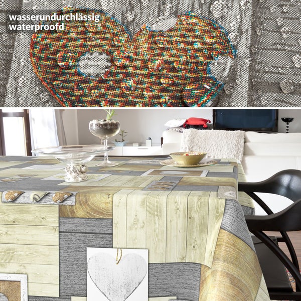 Tischdecke mit Holzmuster auf einem Tisch