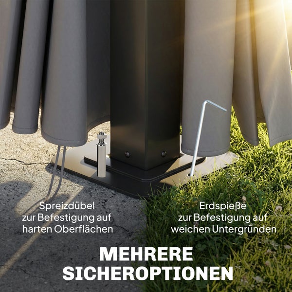 Befestigungsoptionen für einen Metallpfostenfuß mit Spreizdübel auf hartem Boden und Erdspieß auf Gras.